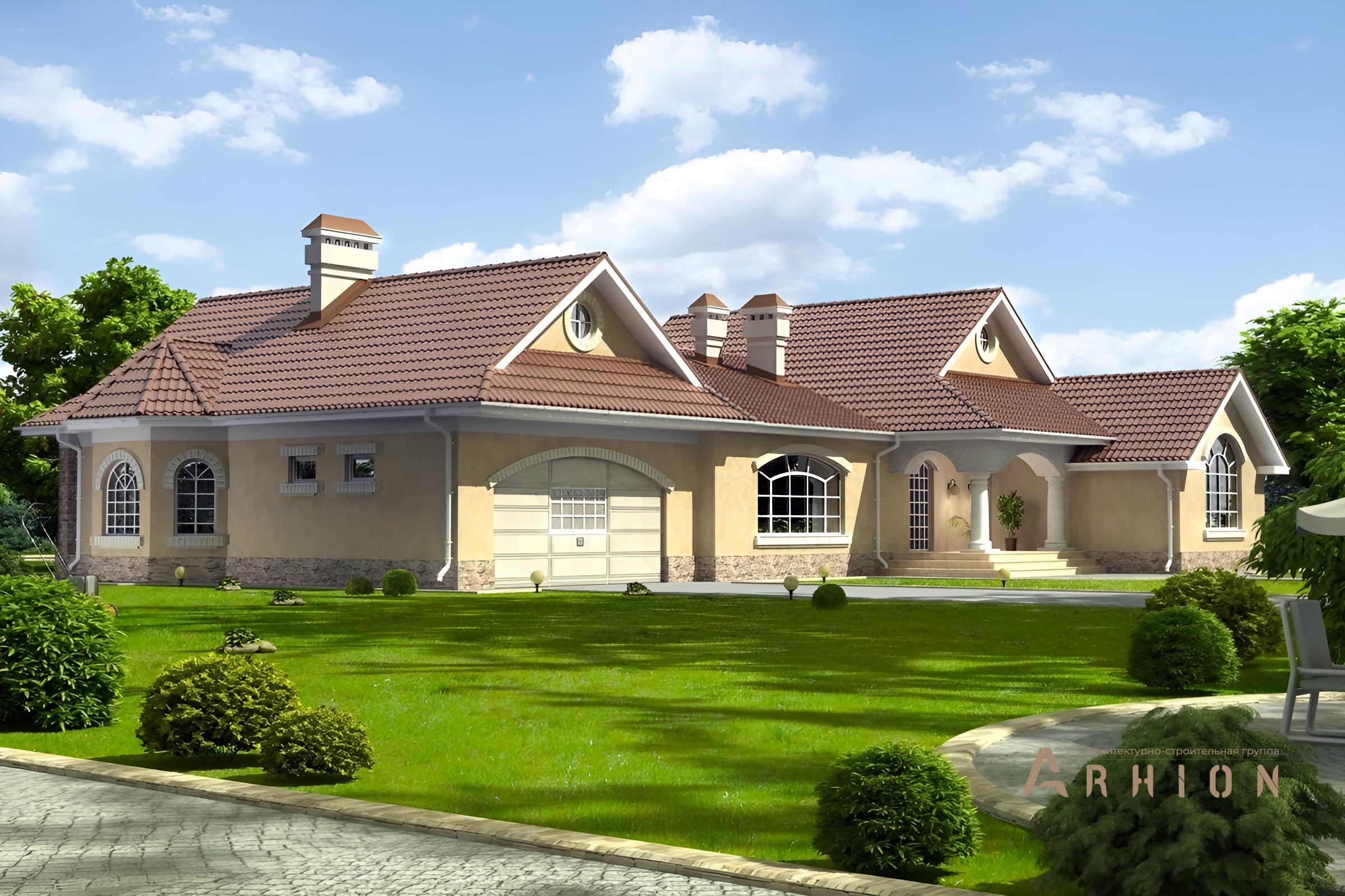 3. Проект одноэтажного дома в современном стиле с многоскатной кровлей, cp-49-95, площадью - 335 кв c гаражом